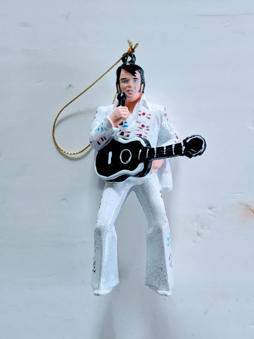 Kurt Adler Elvis Presley Jeweled Christmas Ornament White Jumpsuit Cape Guitar
